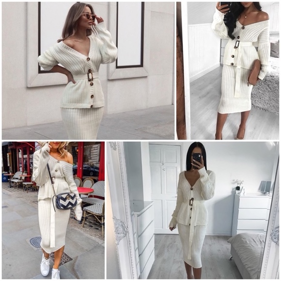 2 Piece Rib Knit Suit Belted Top and Pencil Skirt - Picture 2 of 10